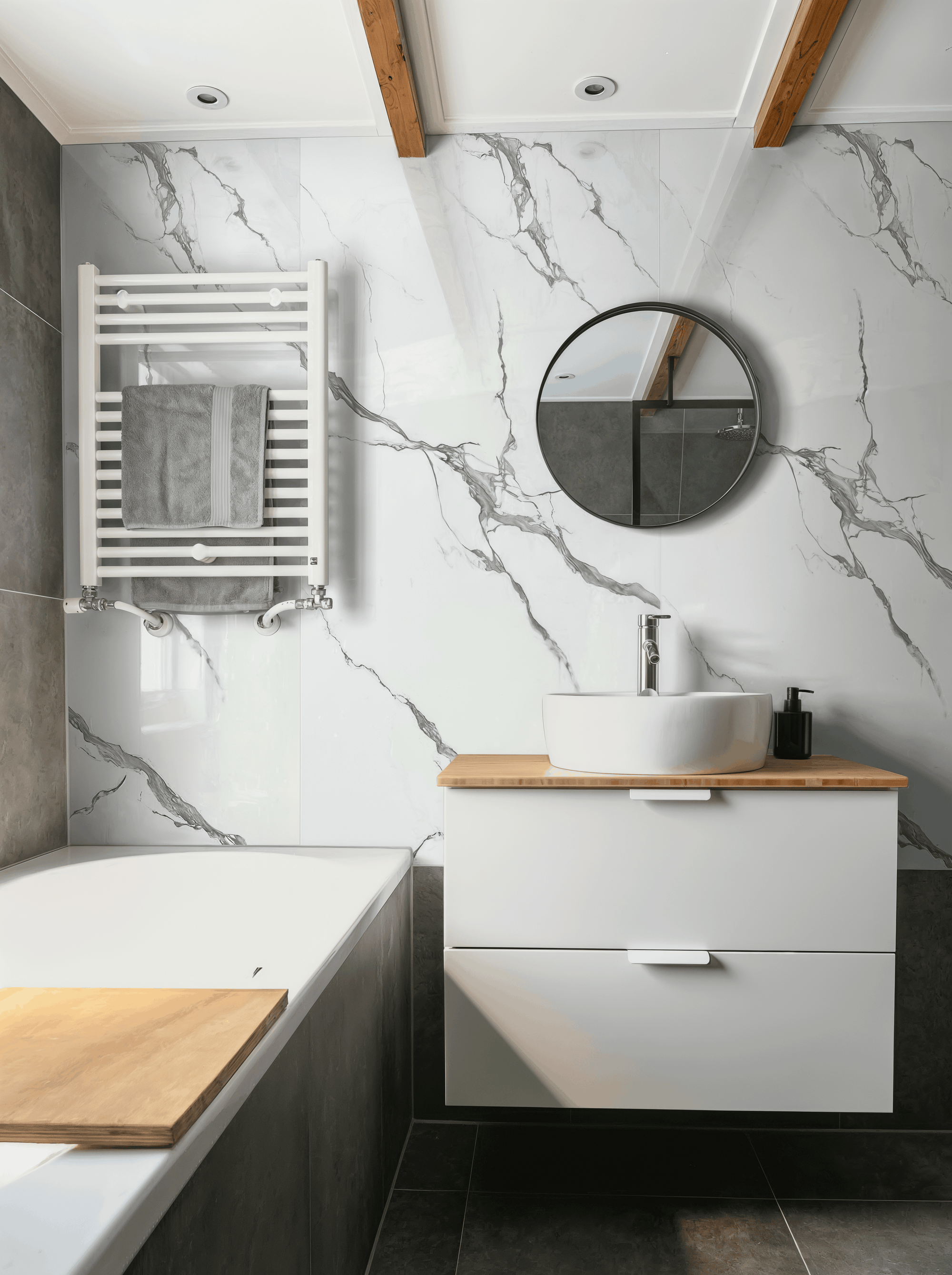 Wandpaneel "White Diagonal" - Weiße Marmoroptik mit Grauakzenten